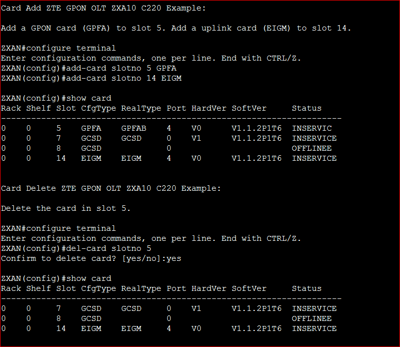 Card Add Delete ZTE GPON OLT ZXA10 C220