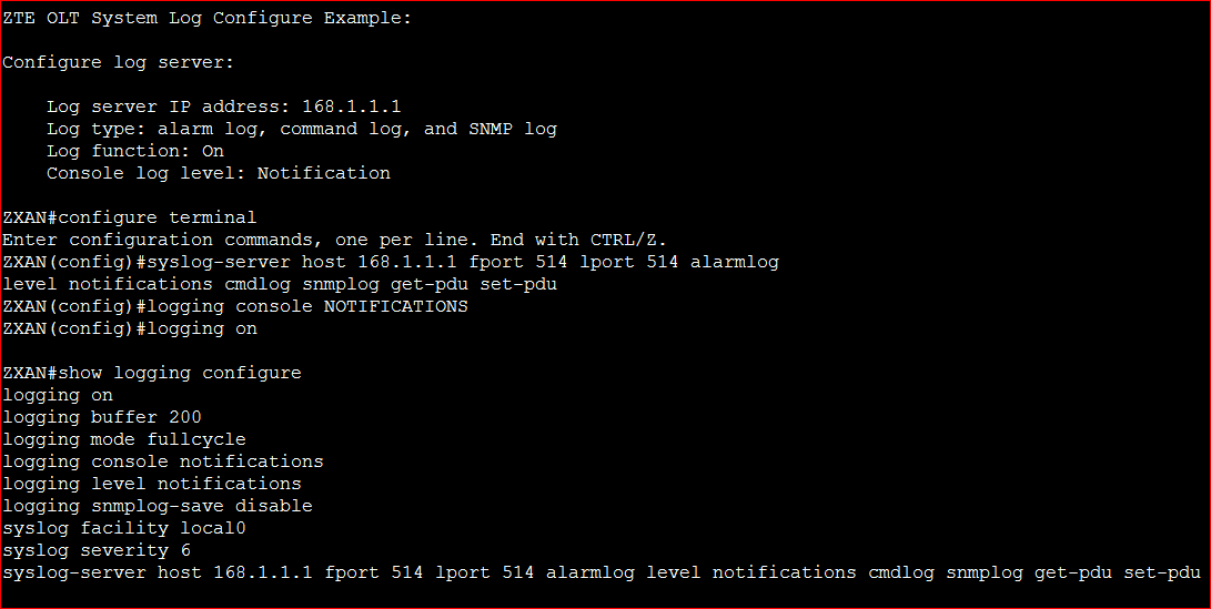 ZTE OLT System Log Configure Example