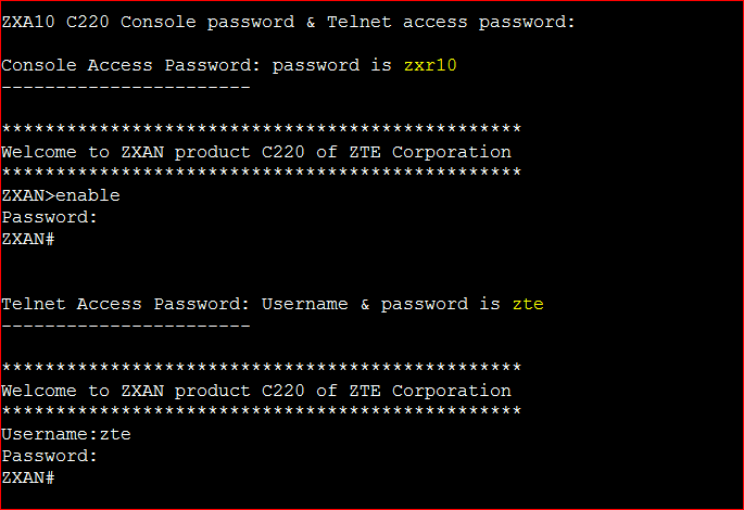 ZXA10 C220 Console password & Telnet access password