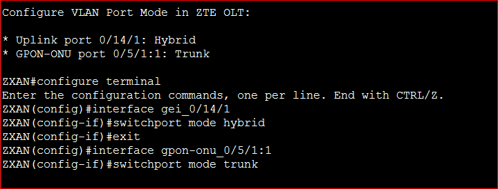 Configure VLAN Port Mode in ZTE OLT