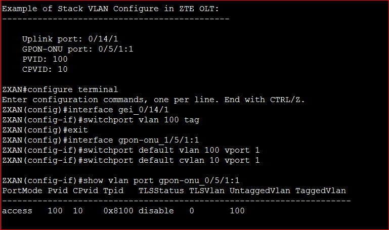 Example of Stack VLAN Configure in ZTE OLT