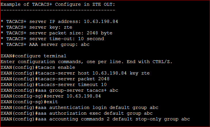 Example of TACACS Configure in ZTE OLT