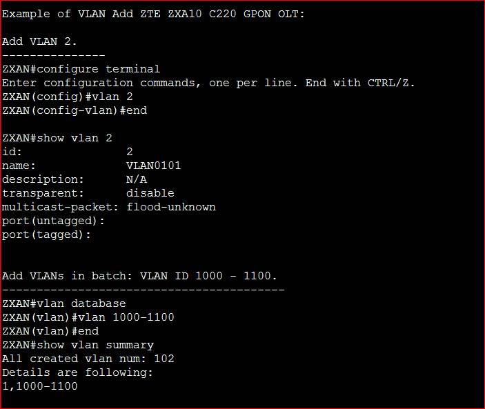Example of VLAN Add ZTE ZXA10 C220 GPON OLT