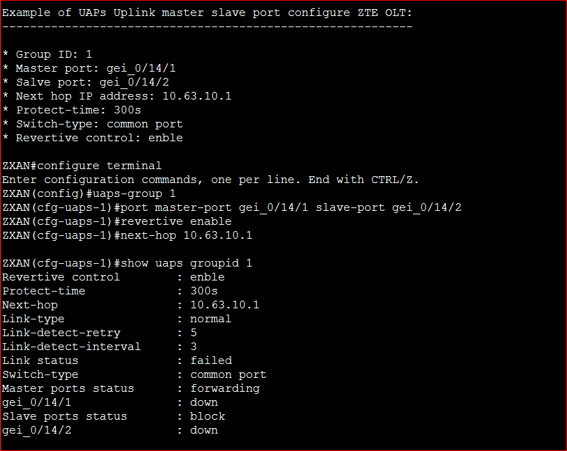 UAPs Uplink master slave port configure ZTE OLT