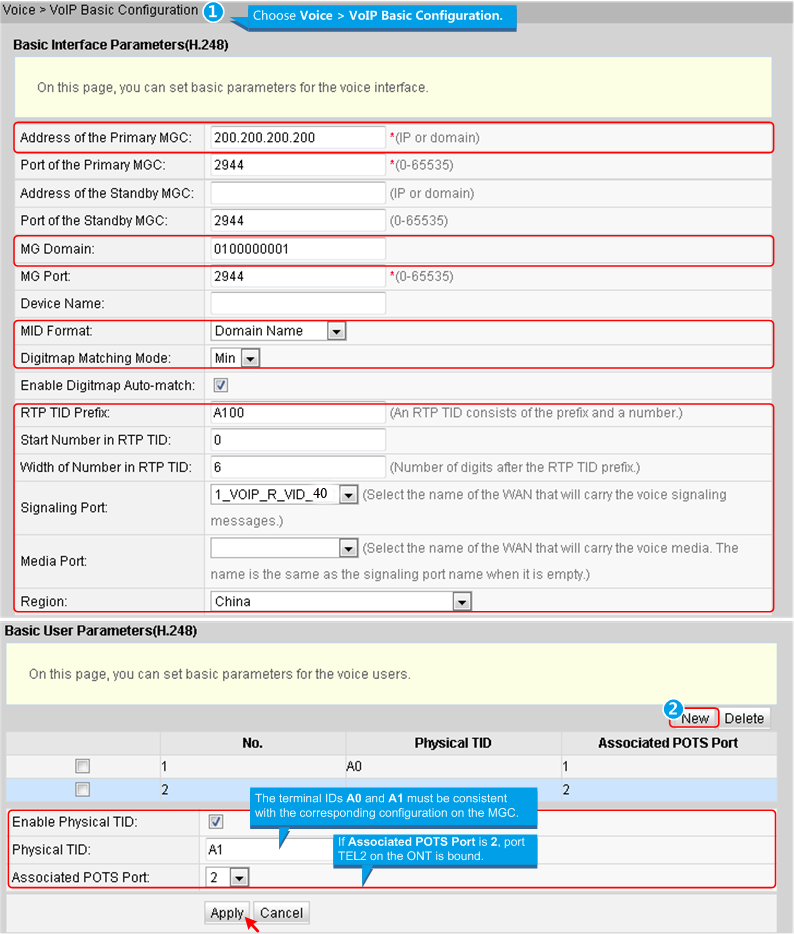 Huawei ONT H.248-based VoIP interface configure