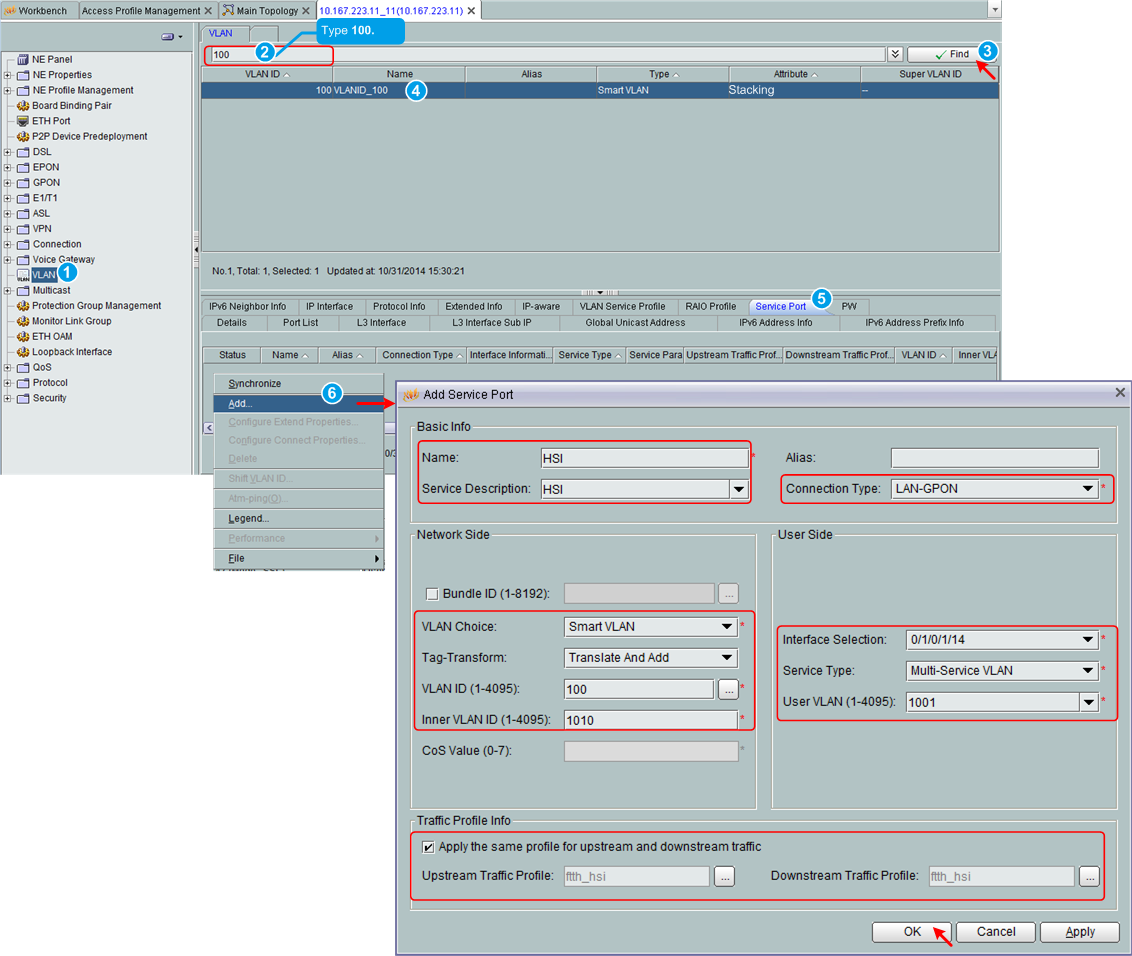 Add a service virtual port on the OLT side by U2000 NMS