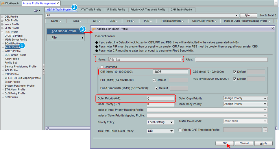 Configure MEF IP traffic profile by U2000 NMS