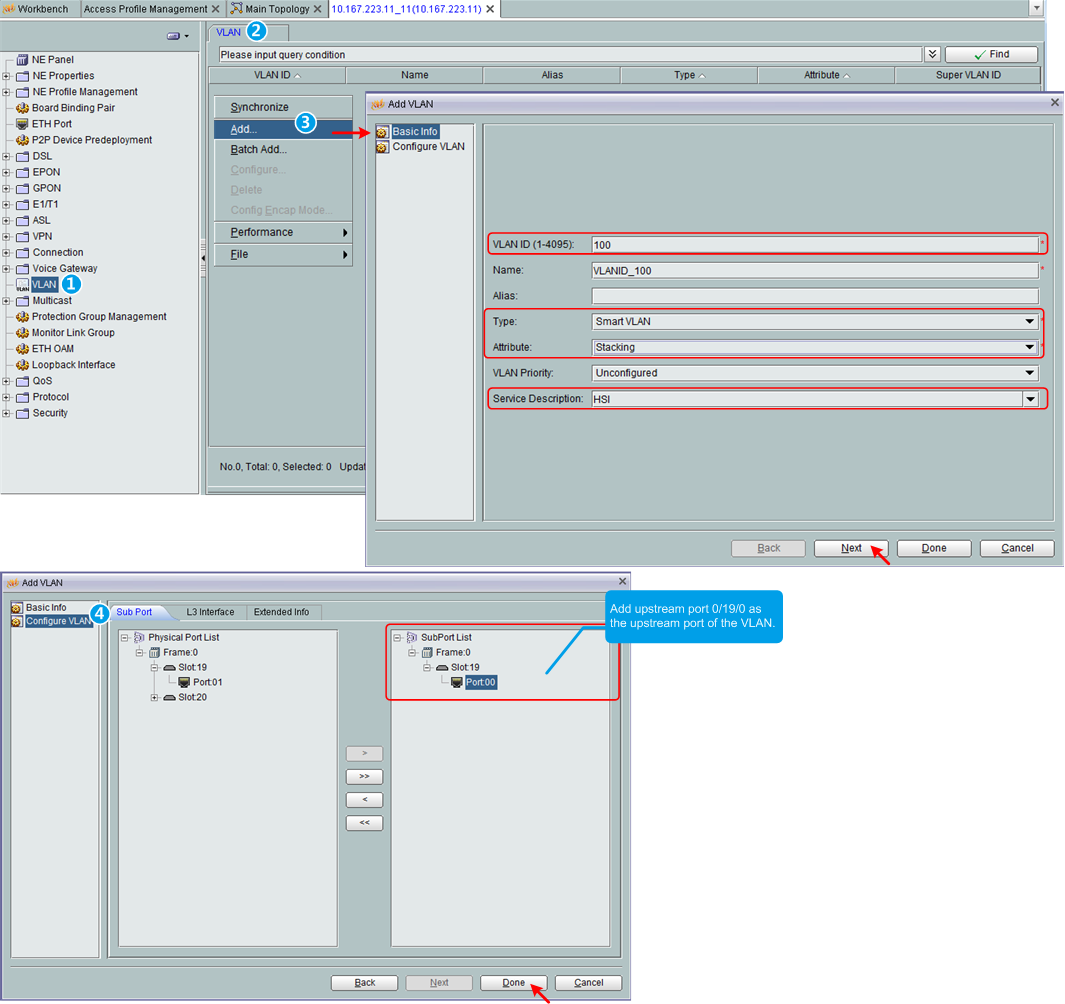 Configure a service VLAN on the OLT upstream side by U2000 NMS