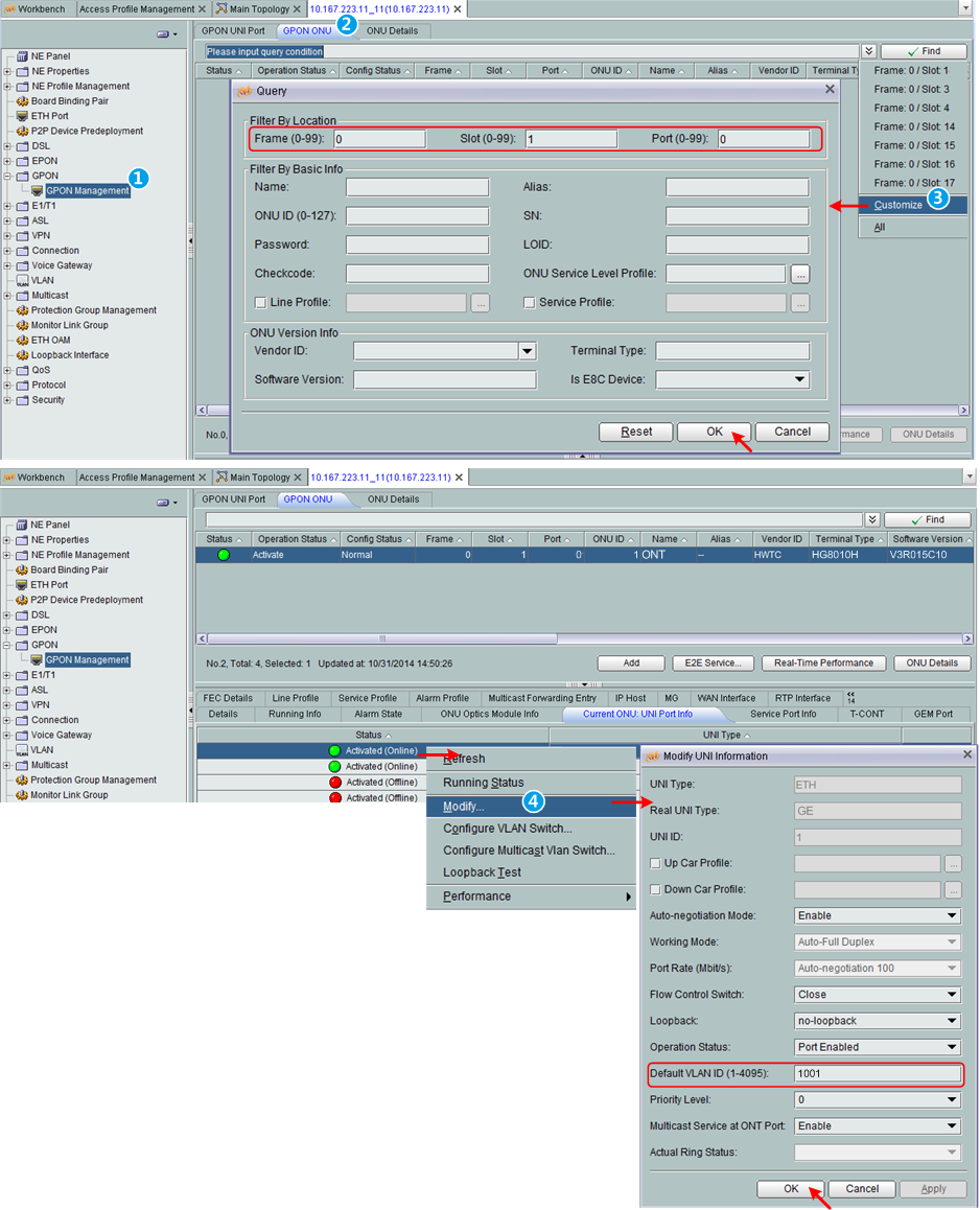 Configure an ETH port of the GPON ONU bu U2000 NMS