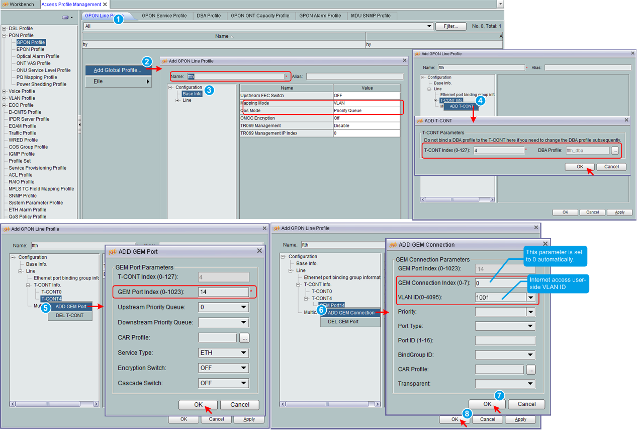 Configure line profile by U2000 NMS