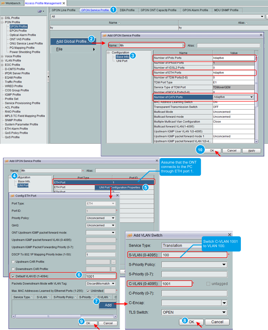 Configure service profile by U2000 NMS