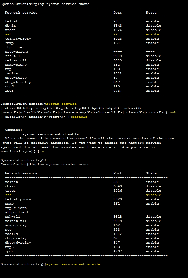 SSH Service enable or disable Huawei OLT